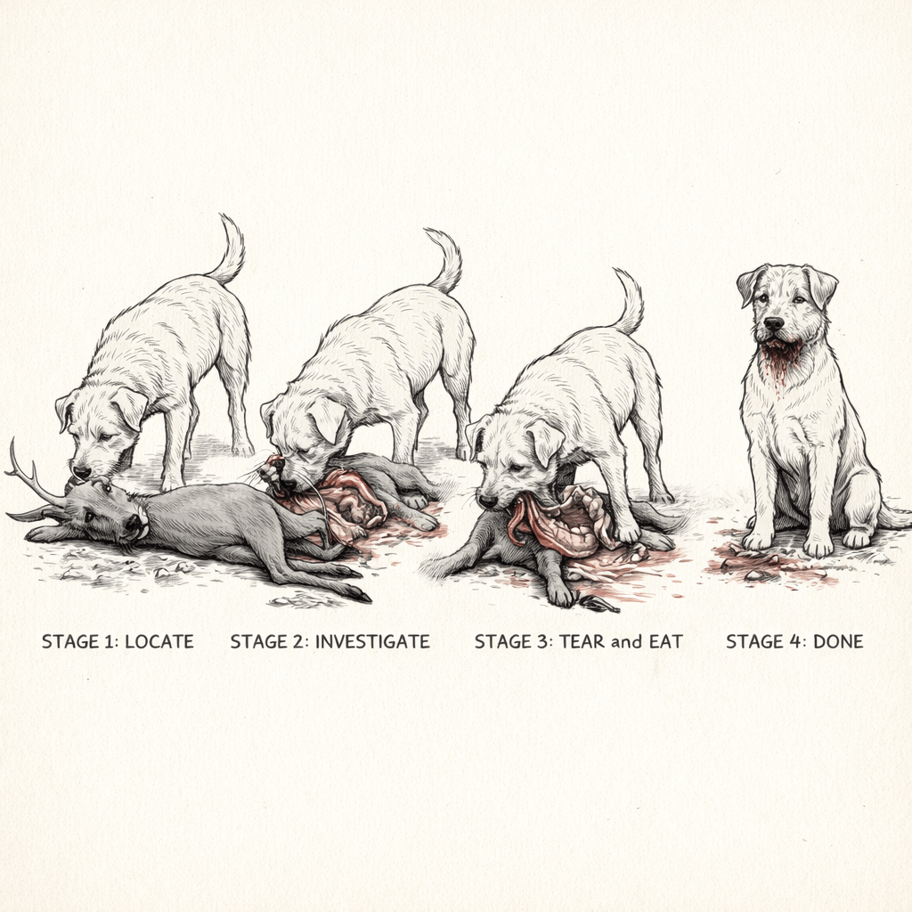 Four stages of a dog approaching, catching, holding, and finishing with a mouse