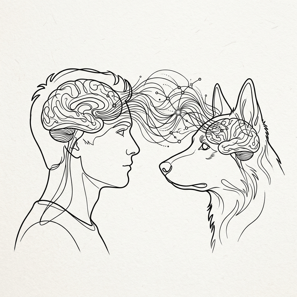 Line drawing of a human and dog facing each other with brains connected by neural-like lines.