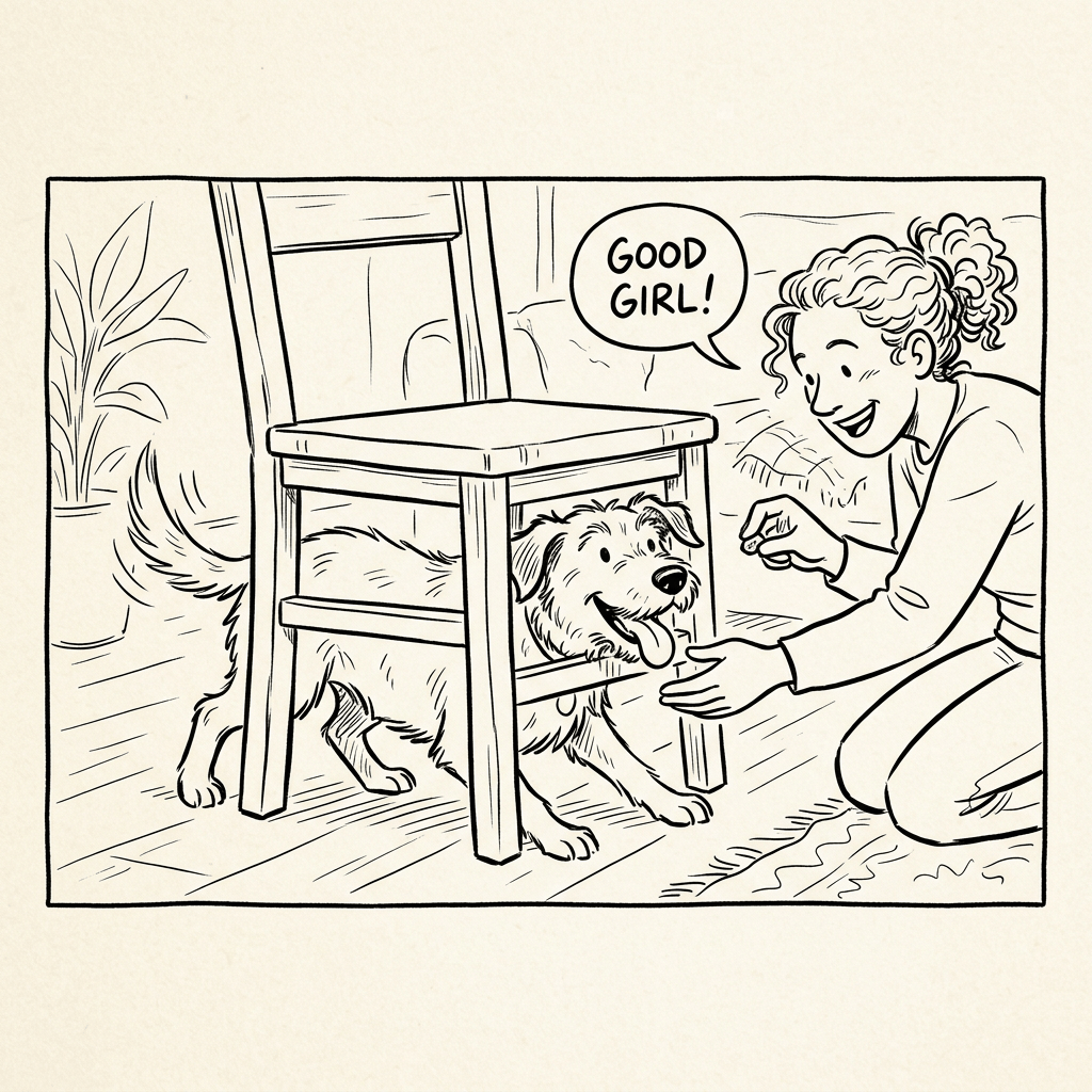 Woman praising dog crawling under chair with speech bubble saying 'Good girl!'